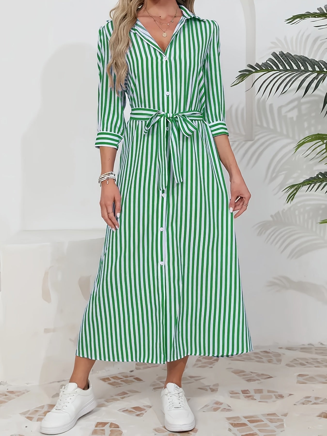 Women's Button-Up Midi Dress with Self-Tie Belt and Collar 1