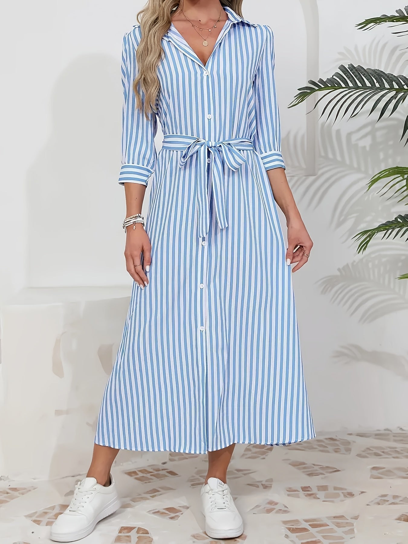 Women's Button-Up Midi Dress with Self-Tie Belt and Collar 10