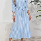 Women's Button-Up Midi Dress with Self-Tie Belt and Collar 11