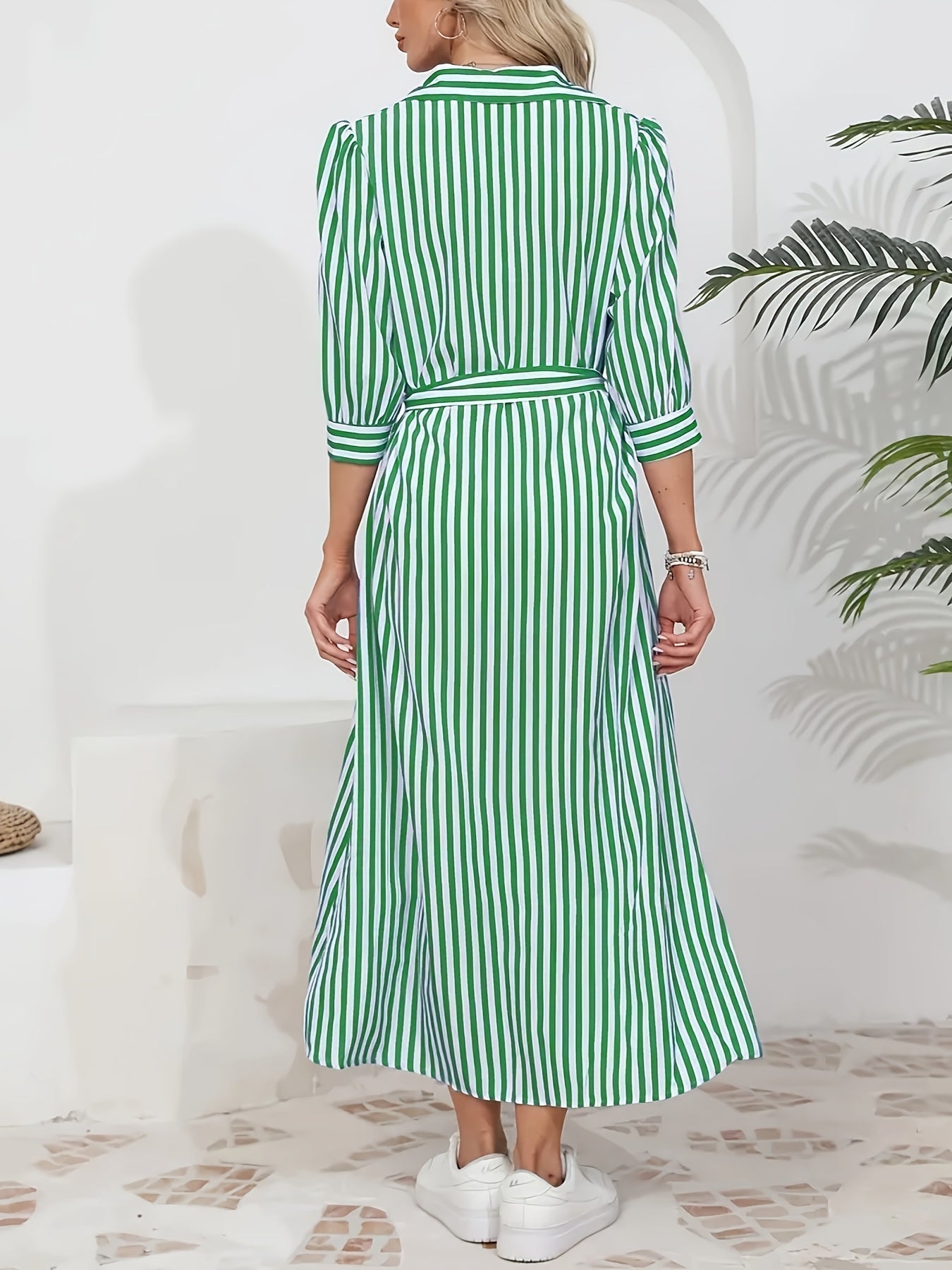 Women's Button-Up Midi Dress with Self-Tie Belt and Collar 2