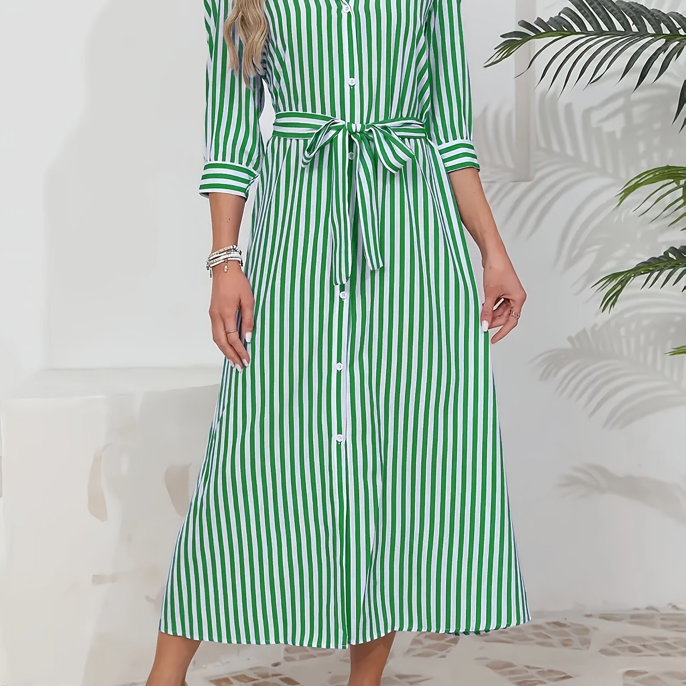Women's Button-Up Midi Dress with Self-Tie Belt and Collar 3