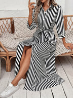 Women's Button-Up Midi Dress with Self-Tie Belt and Collar 4