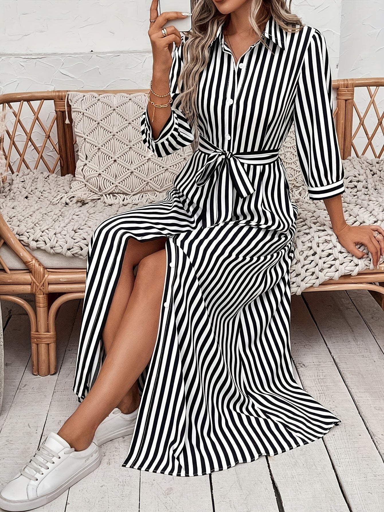 Women's Button-Up Midi Dress with Self-Tie Belt and Collar 4