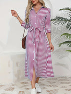 Women's Button-Up Midi Dress with Self-Tie Belt and Collar 6