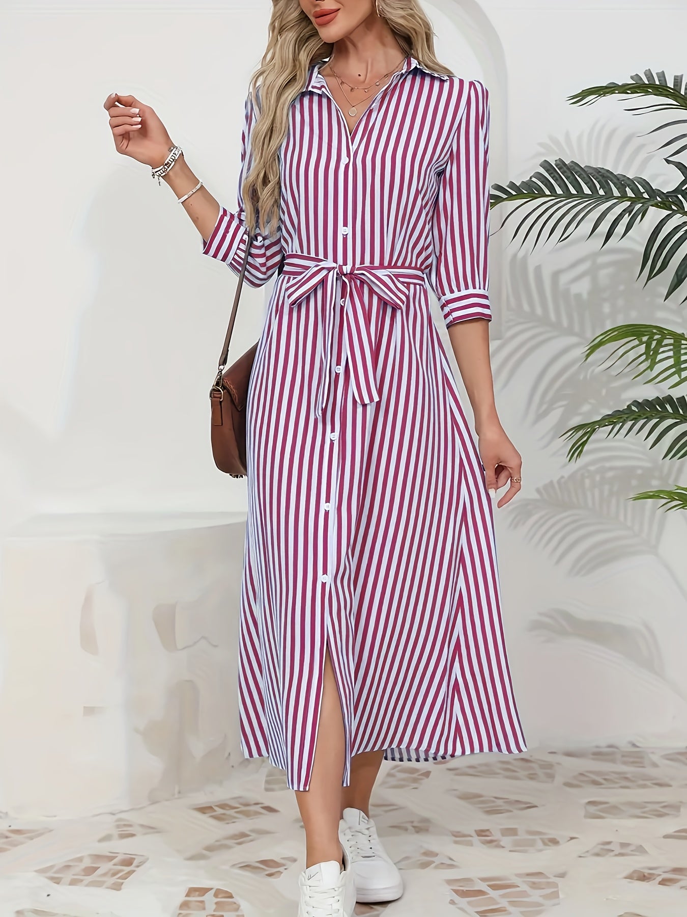 Women's Button-Up Midi Dress with Self-Tie Belt and Collar 6