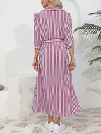 Women's Button-Up Midi Dress with Self-Tie Belt and Collar 7