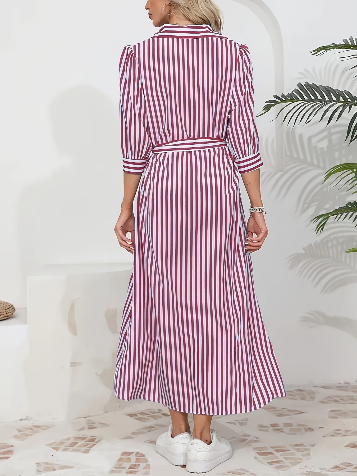 Women's Button-Up Midi Dress with Self-Tie Belt and Collar 7