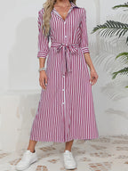 Women's Button-Up Midi Dress with Self-Tie Belt and Collar 8