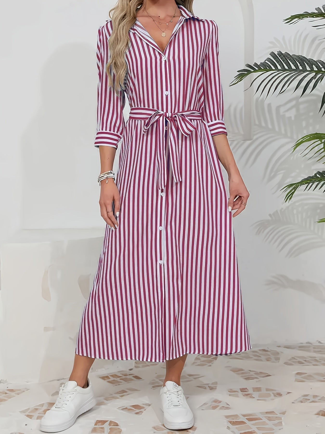Women's Button-Up Midi Dress with Self-Tie Belt and Collar 8