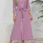 Women's Button-Up Midi Dress with Self-Tie Belt and Collar 9