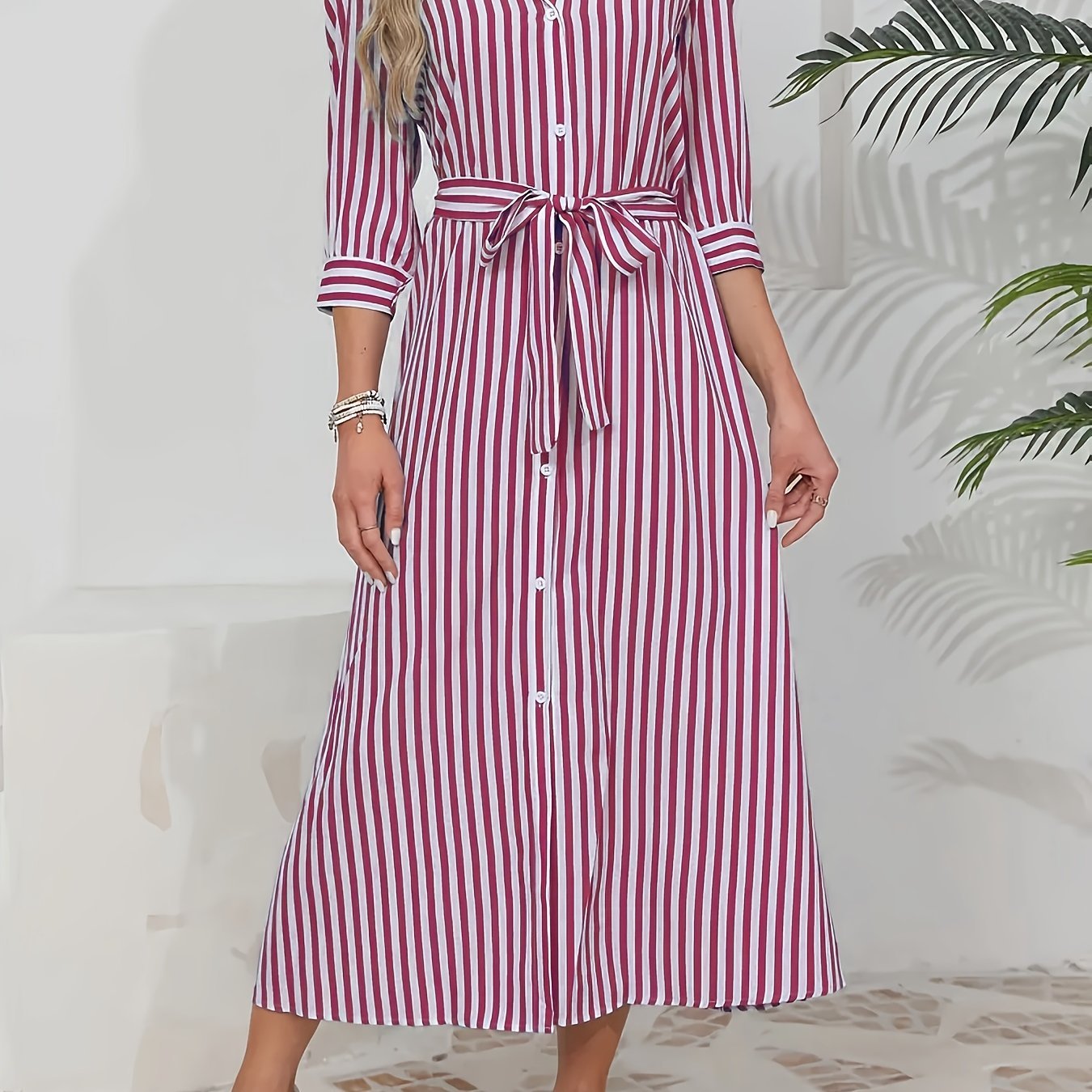 Women's Button-Up Midi Dress with Self-Tie Belt and Collar 9
