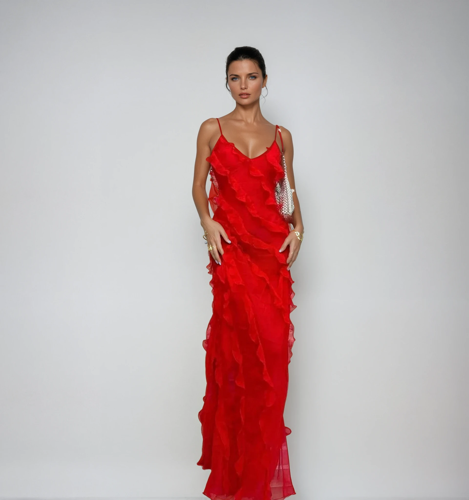 Women's Chiffon Maxi Dress with Ruffle Detailing and V-Neckline 1