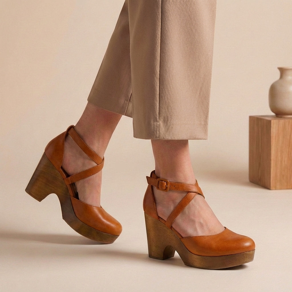 Women's Closed-Toe Platform Wedge Sandals with Wood Base and Ankle Straps 2