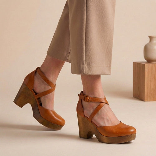 Women's Closed-Toe Platform Wedge Sandals with Wood Base and Ankle Straps 2