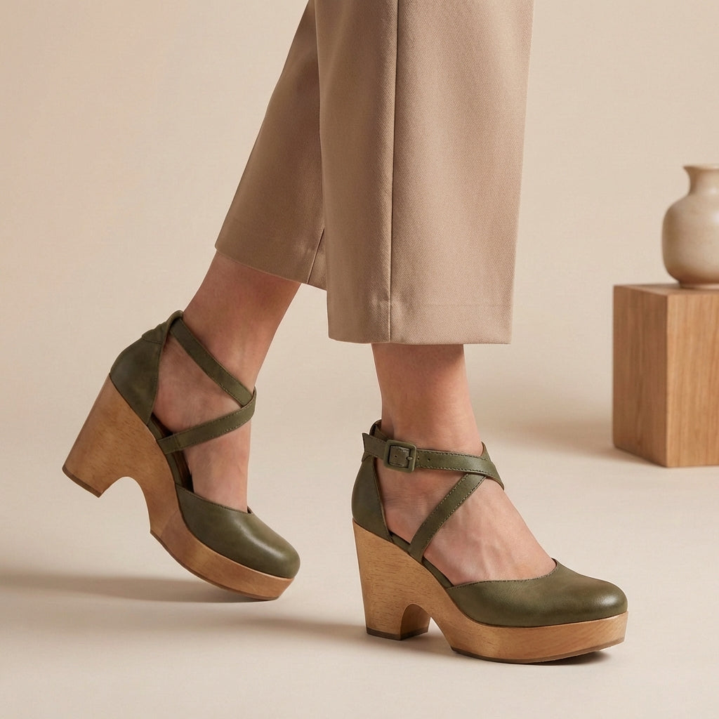Women's Closed-Toe Platform Wedge Sandals with Wood Base and Ankle Straps 3