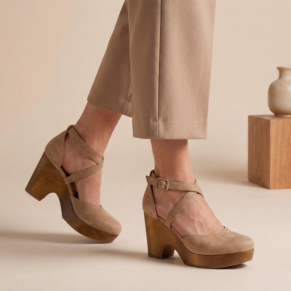 Women's Closed-Toe Platform Wedge Sandals with Wood Base and Ankle Straps 4