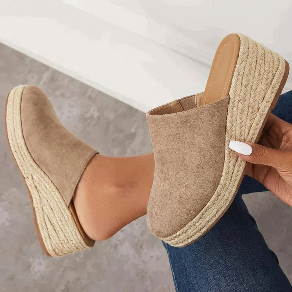 Women's Closed Toe Wedge Mules with Woven Sole Detail 7