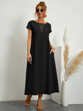 Women's Cotton Blend Midi Dress with Round Neckline 1