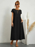 Women's Cotton Blend Midi Dress with Round Neckline 1