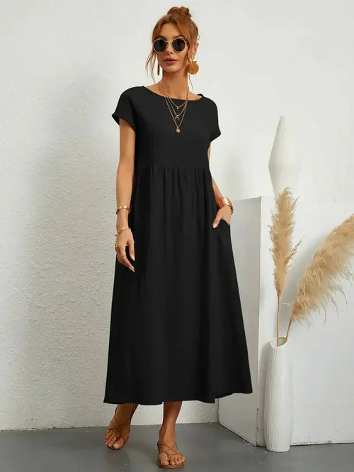 Women's Cotton Blend Midi Dress with Round Neckline 1