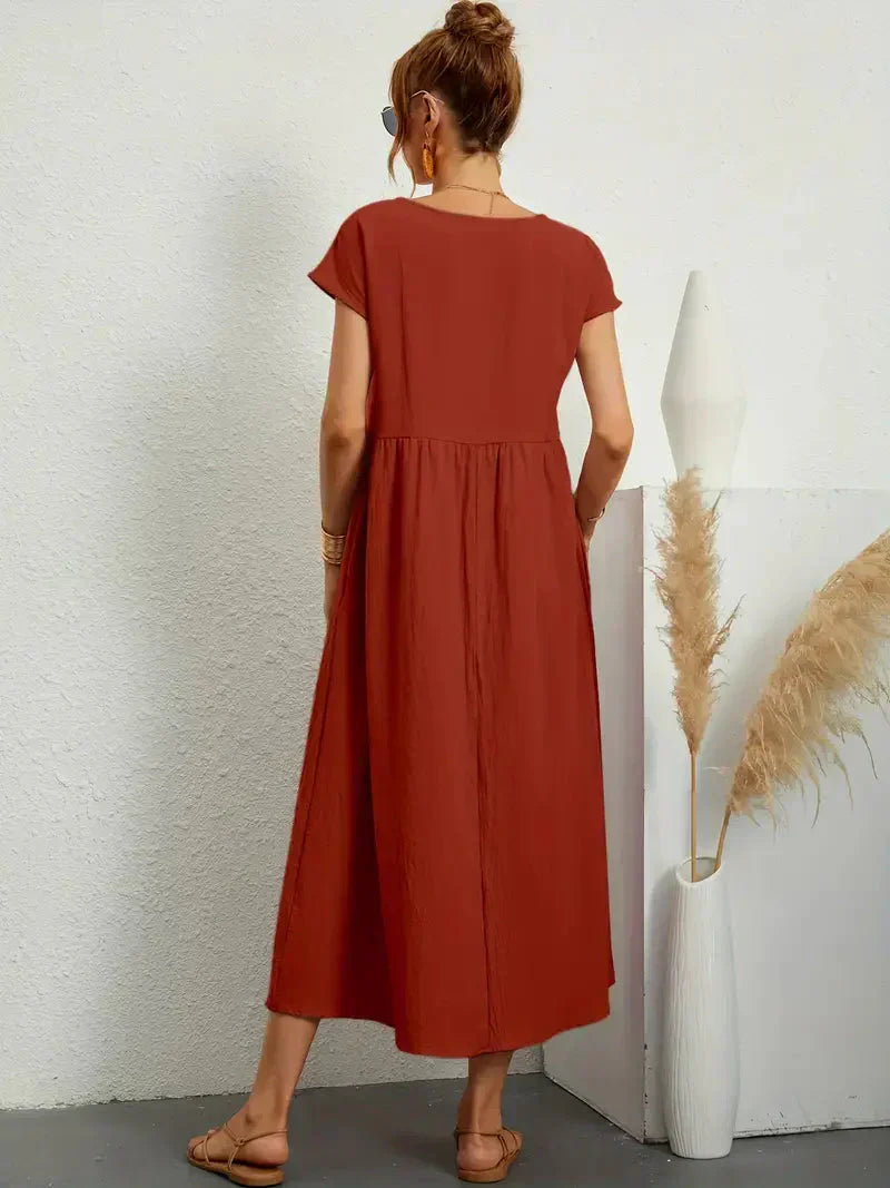Women's Cotton Blend Midi Dress with Round Neckline 10