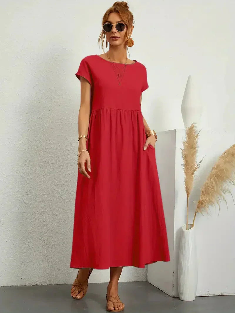 Women's Cotton Blend Midi Dress with Round Neckline 11