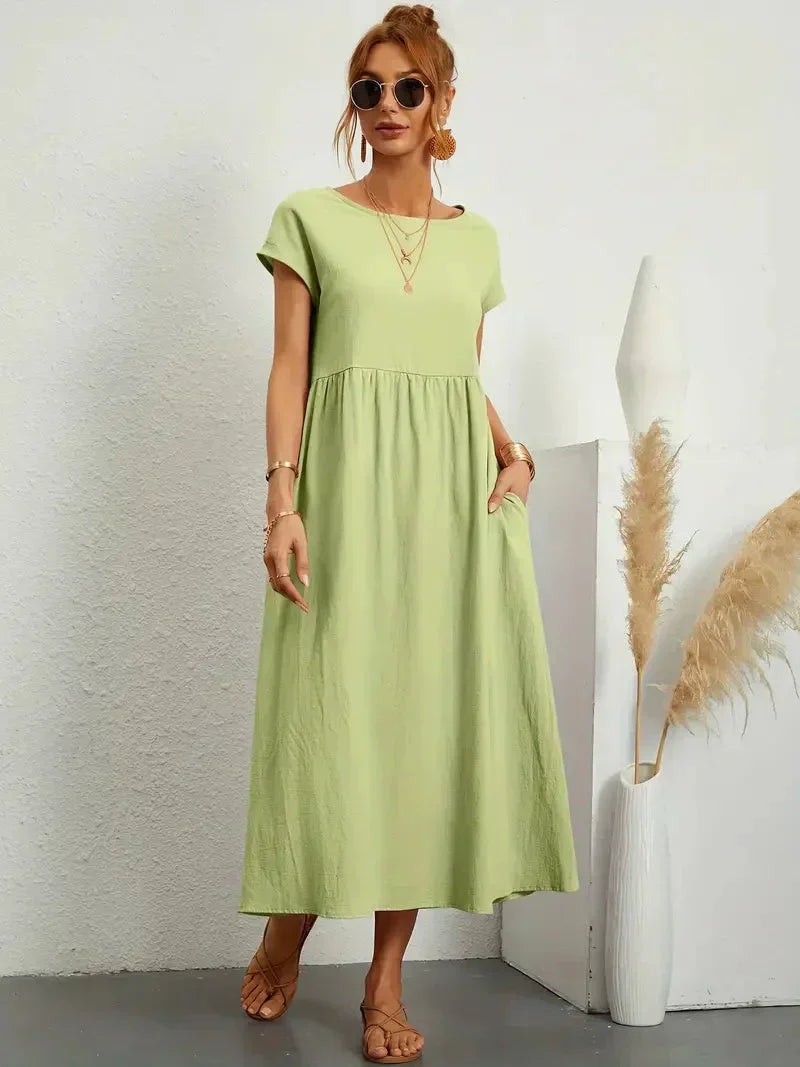 Women's Cotton Blend Midi Dress with Round Neckline 15
