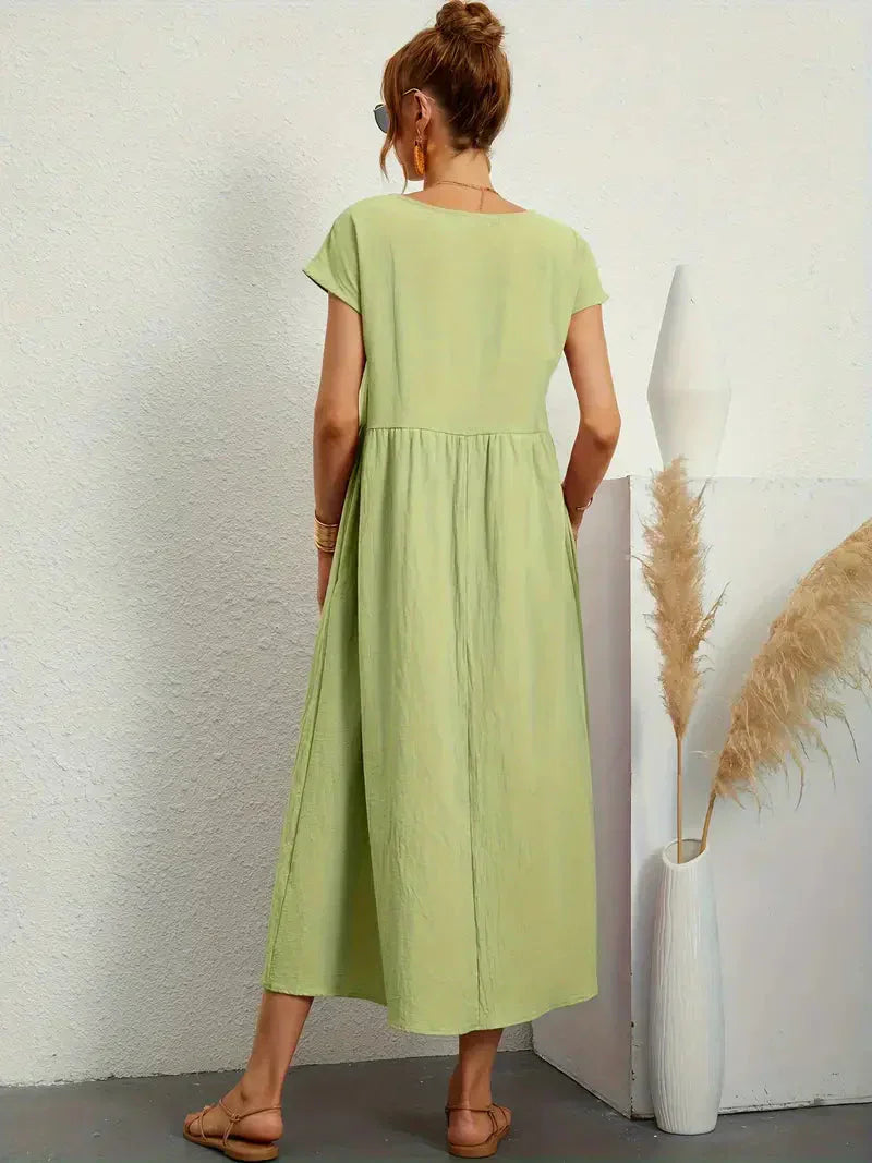 Women's Cotton Blend Midi Dress with Round Neckline 16