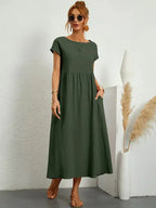 Women's Cotton Blend Midi Dress with Round Neckline 17