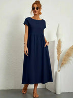Women's Cotton Blend Midi Dress with Round Neckline 19