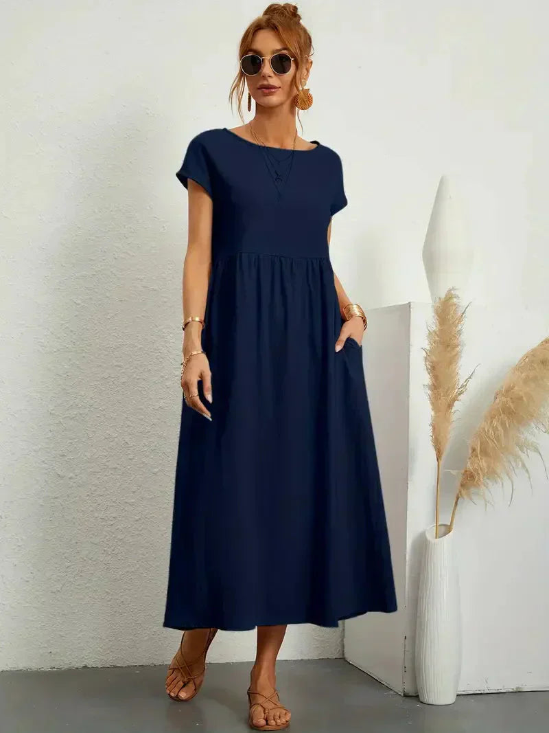 Women's Cotton Blend Midi Dress with Round Neckline 19