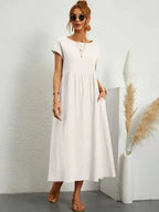 Women's Cotton Blend Midi Dress with Round Neckline 3