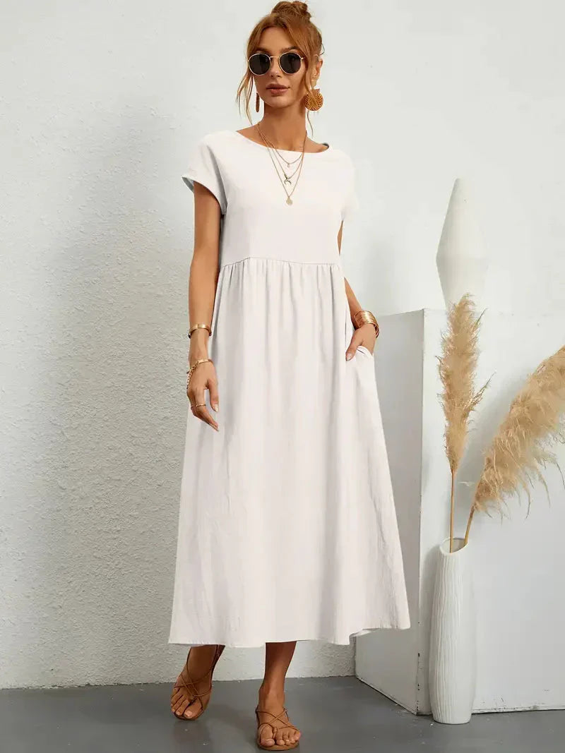 Women's Cotton Blend Midi Dress with Round Neckline 3