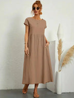 Women's Cotton Blend Midi Dress with Round Neckline 5