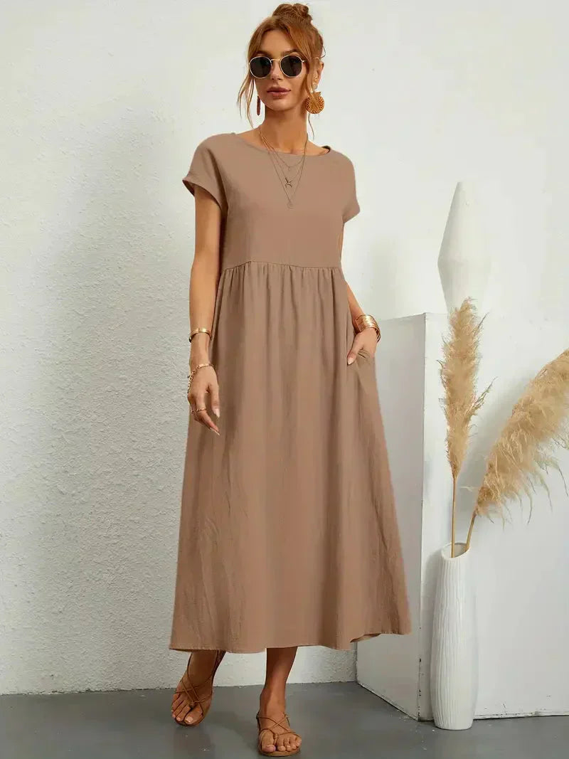 Women's Cotton Blend Midi Dress with Round Neckline 5