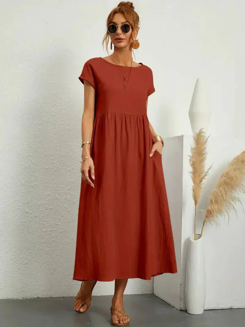 Women's Cotton Blend Midi Dress with Round Neckline 9