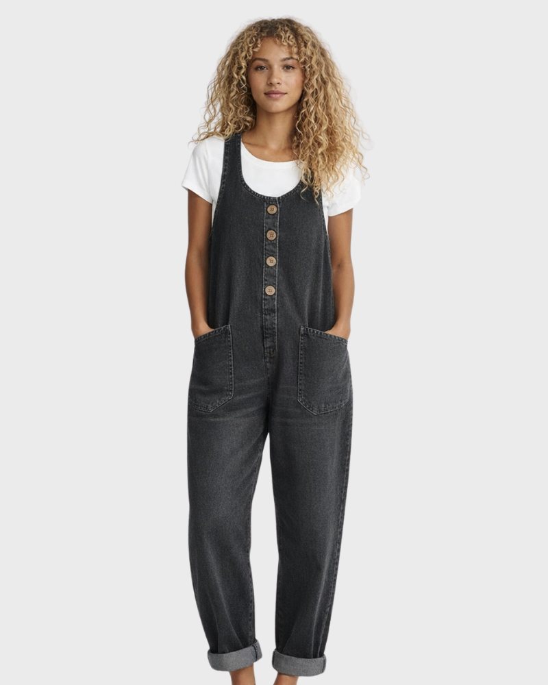 Women's Cotton Denim Jumpsuit with Adjustable Straps and Wide Leg 2