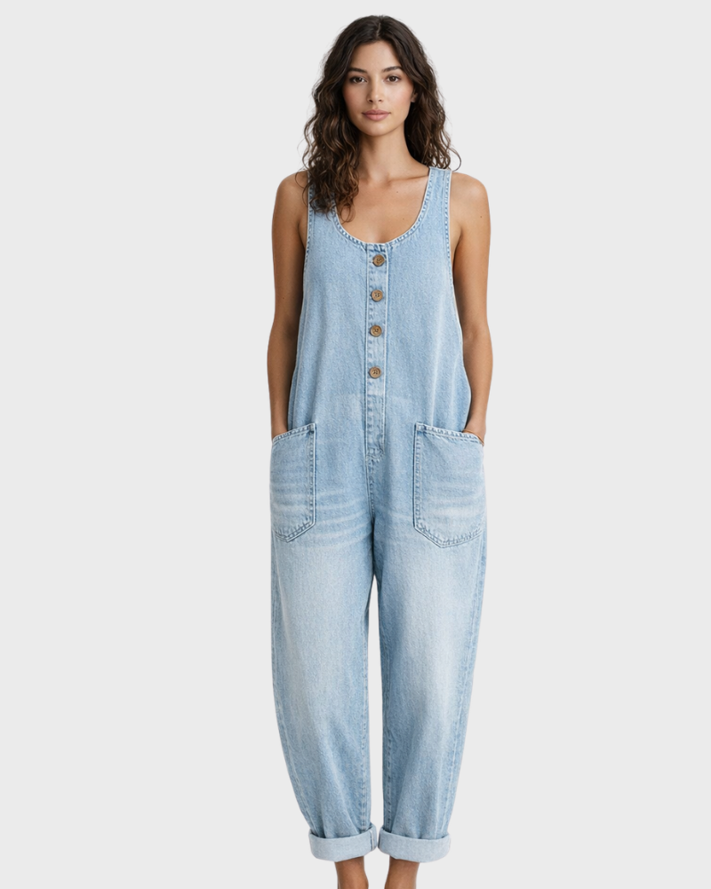 Women's Cotton Denim Jumpsuit with Adjustable Straps and Wide Leg 3
