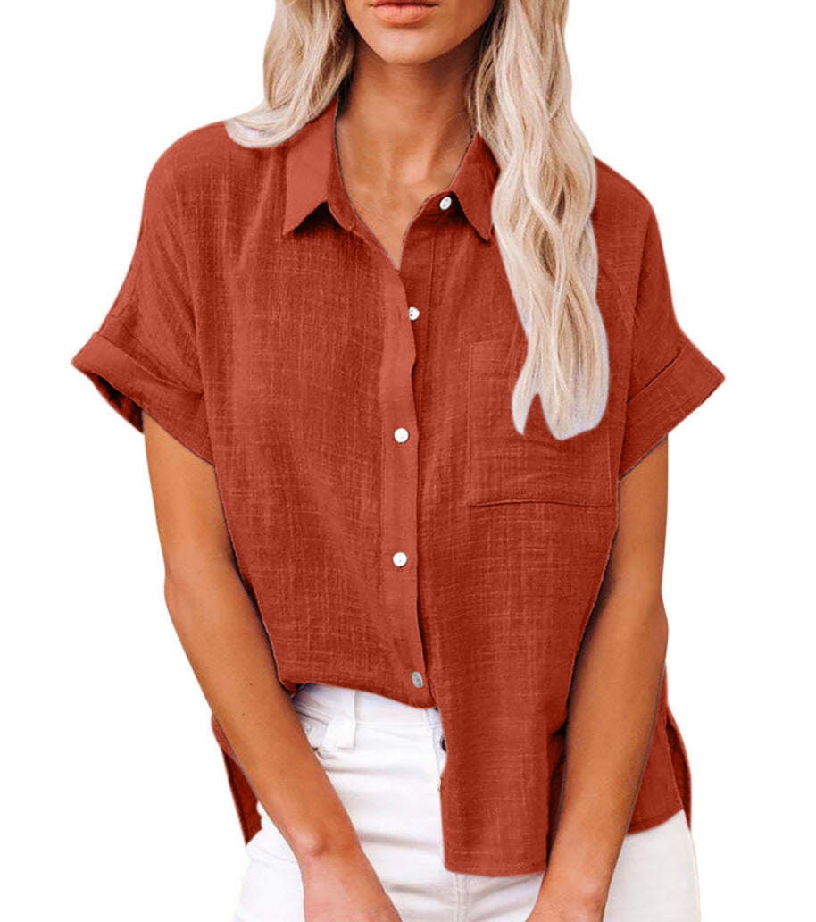 Women's Cotton Linen Long Sleeve Button-Up Shirt with Roll-Up Cuffs 2