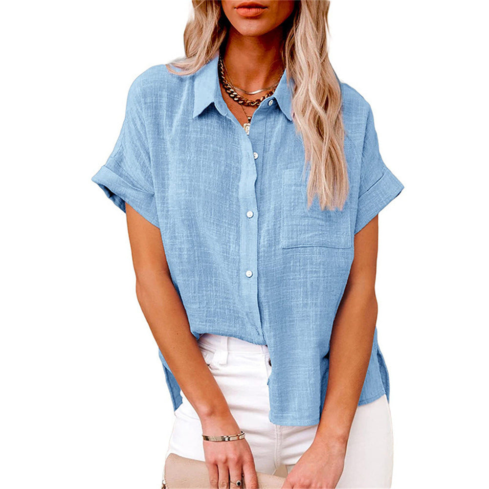 Women's Cotton Linen Long Sleeve Button-Up Shirt with Roll-Up Cuffs 7