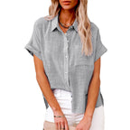 Women's Cotton Linen Long Sleeve Button-Up Shirt with Roll-Up Cuffs 8