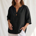 Women's Cotton Linen V-Neck Blouse with Button Front and Cuffed Sleeves 1