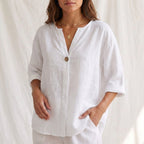 Women's Cotton Linen V-Neck Blouse with Button Front and Cuffed Sleeves 2