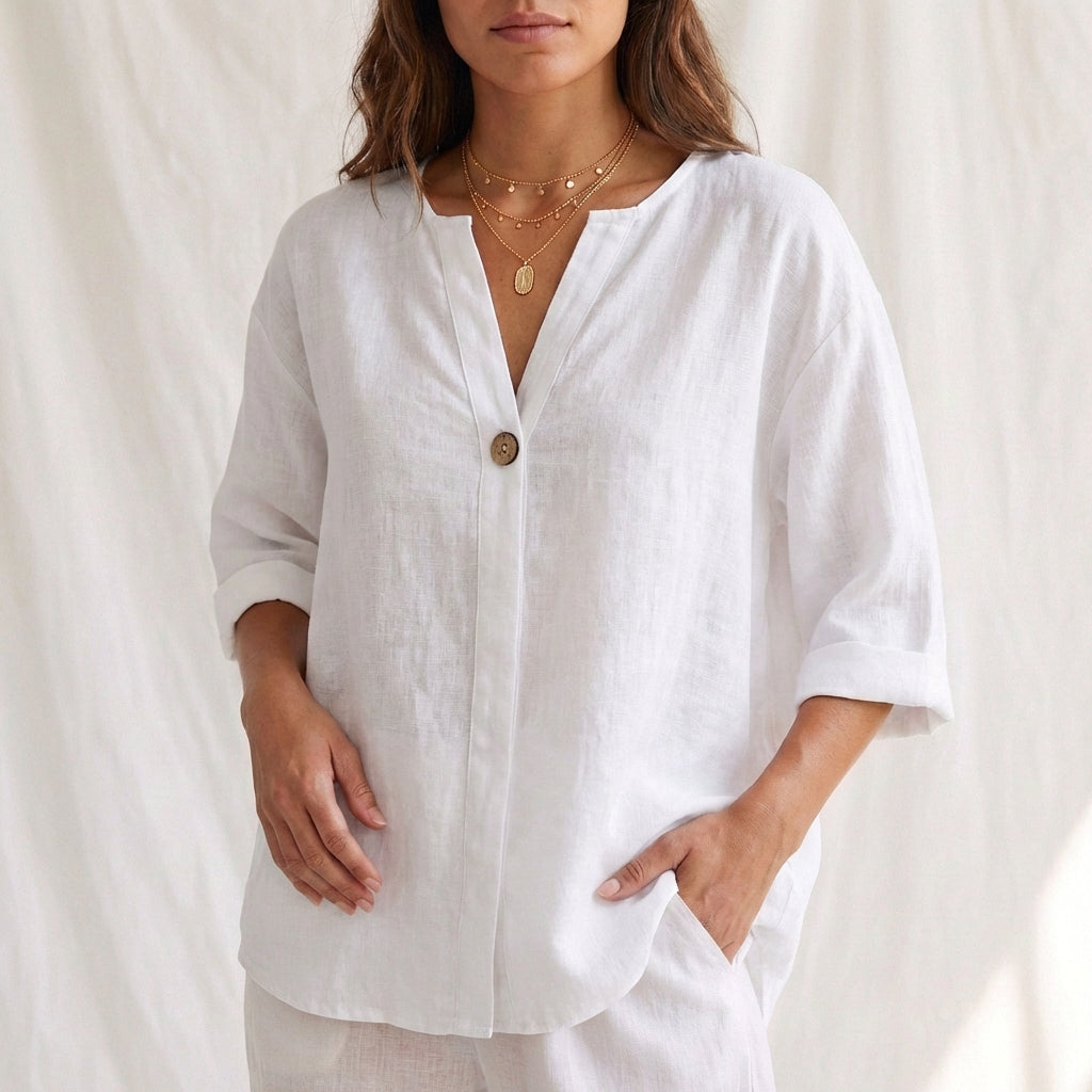 Women's Cotton Linen V-Neck Blouse with Button Front and Cuffed Sleeves 2