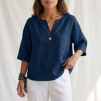 Women's Cotton Linen V-Neck Blouse with Button Front and Cuffed Sleeves 3