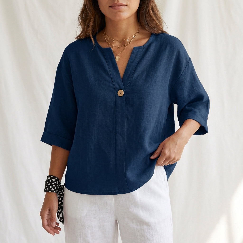 Women's Cotton Linen V-Neck Blouse with Button Front and Cuffed Sleeves 3