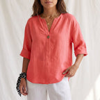Women's Cotton Linen V-Neck Blouse with Button Front and Cuffed Sleeves 4