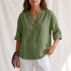 Women's Cotton Linen V-Neck Blouse with Button Front and Cuffed Sleeves 5