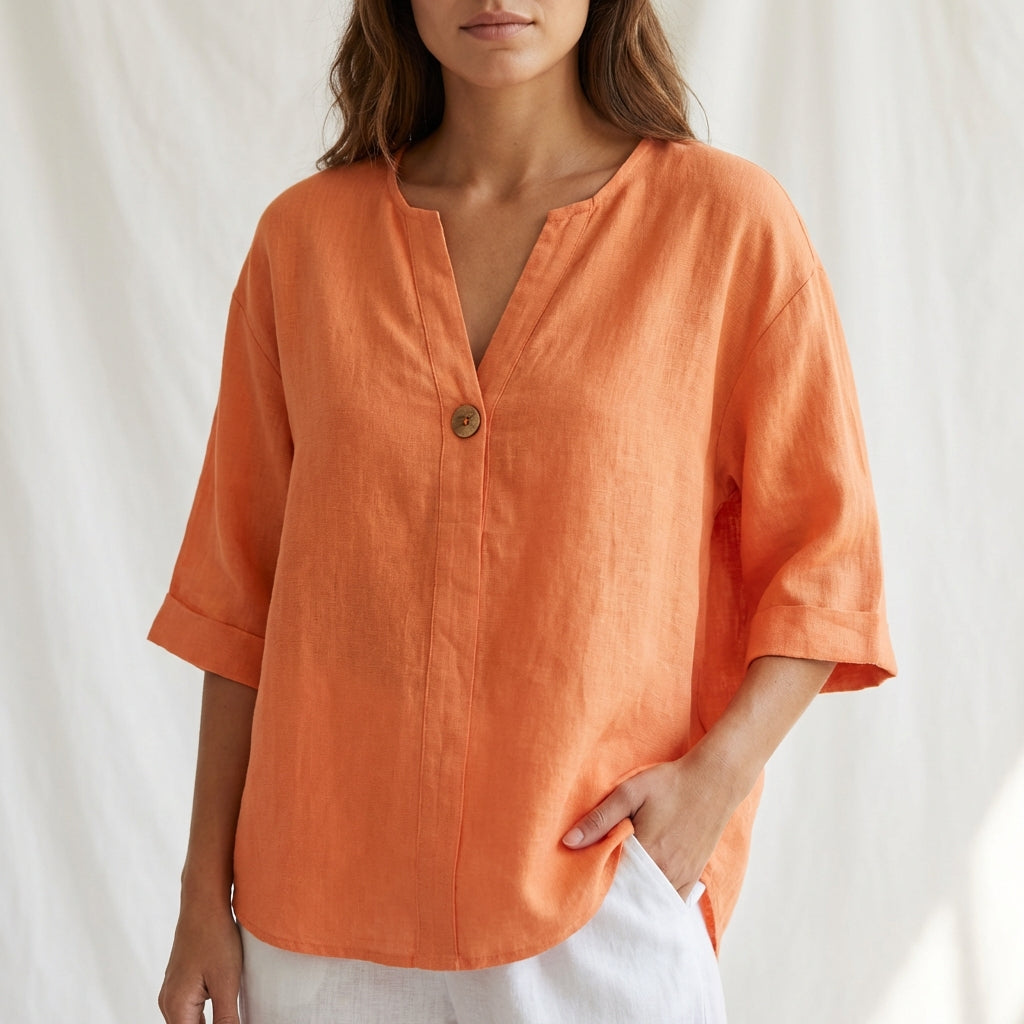Women's Cotton Linen V-Neck Blouse with Button Front and Cuffed Sleeves 6