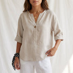 Women's Cotton Linen V-Neck Blouse with Button Front and Cuffed Sleeves 7